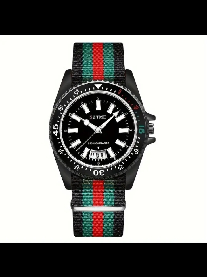 Unisex Black Dive Watch With Green And Red Nato Strap . Fashionable